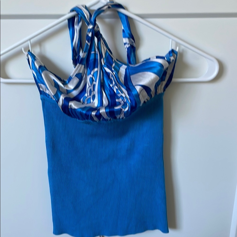 Bebe Blue Patterned Halter Ribbed Halter top